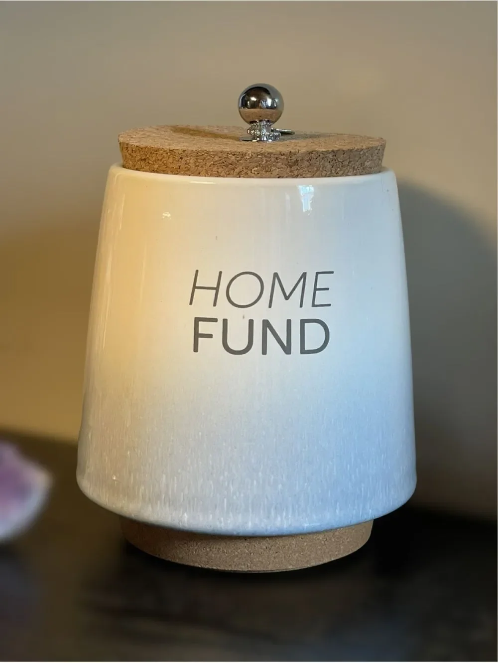 Home Fund Ceramic Money Jar - Blue & Cream Color Ombre - Cork Lid - Like New